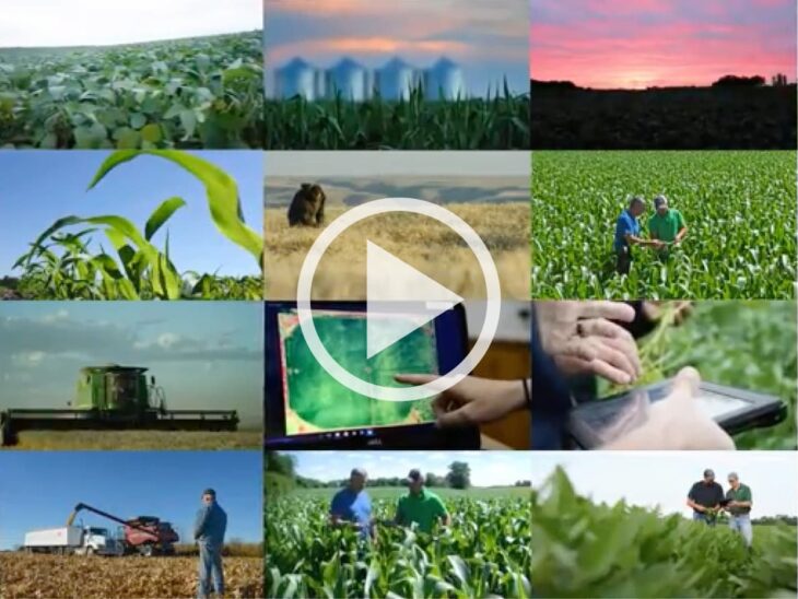 Collage of different fields with a video play button overlaid on top