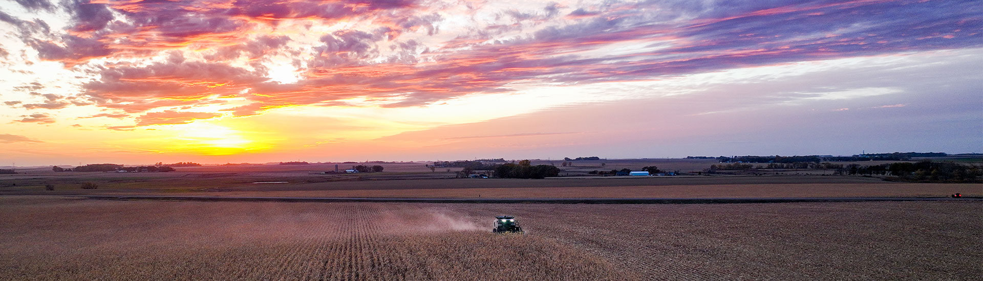 combine in a field harvesting at sunset